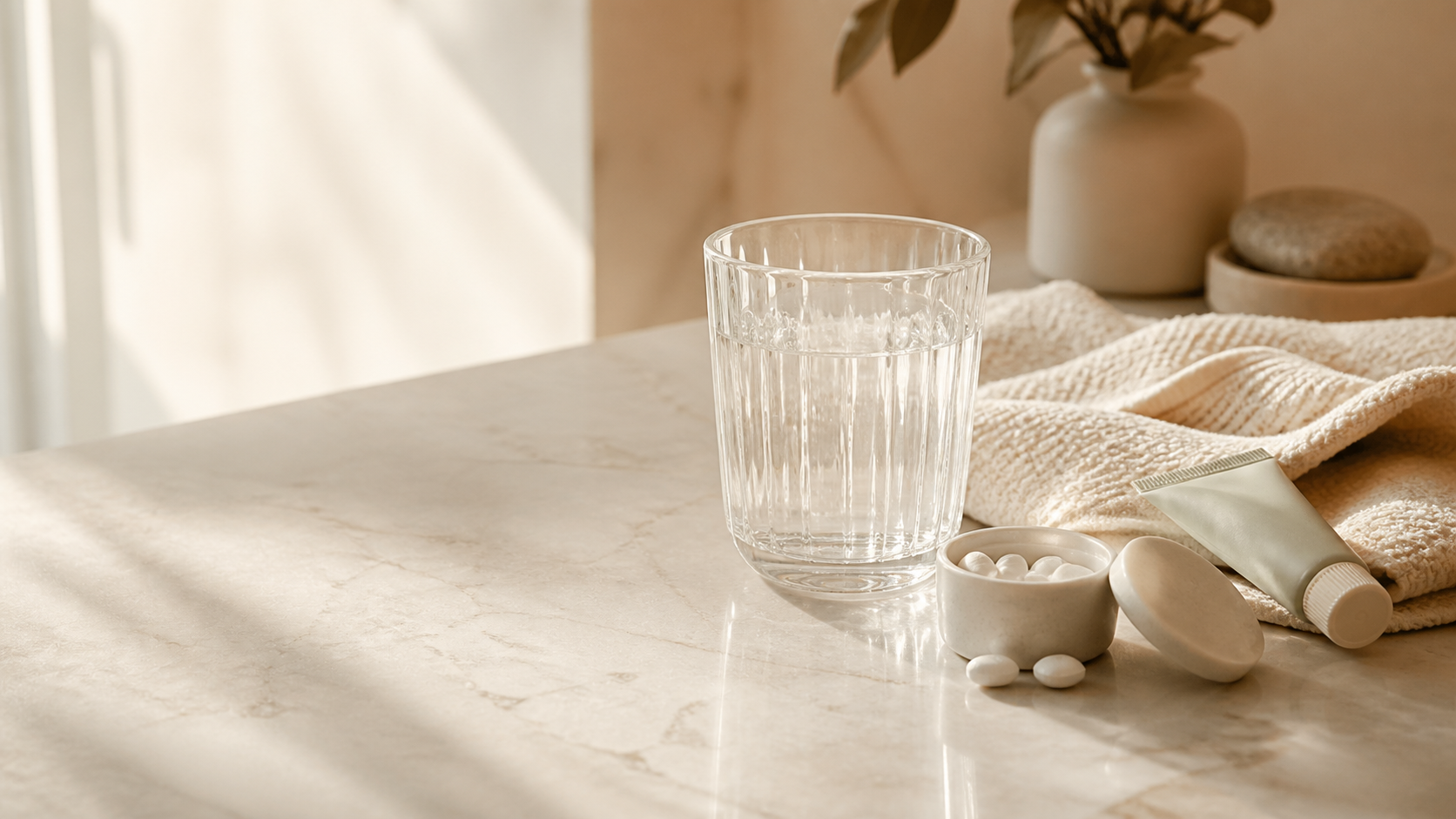 A glass of water and gentle products for relieving a dry mouth