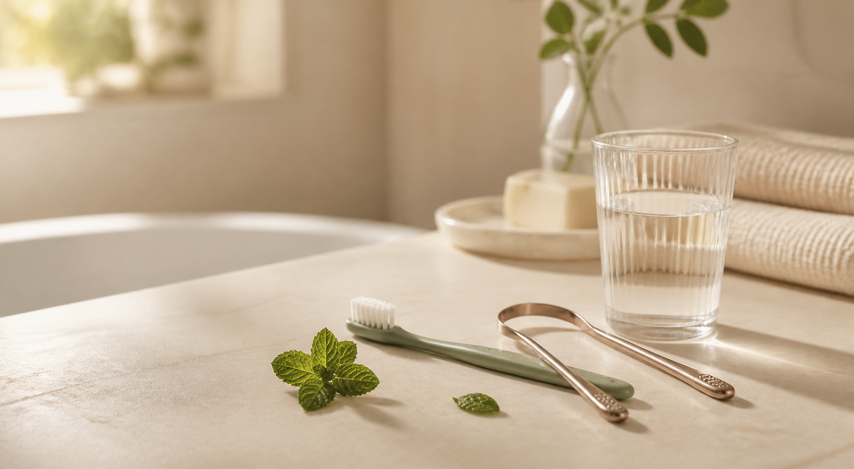 Tongue scraper, toothbrush, water and mint for daily oral care