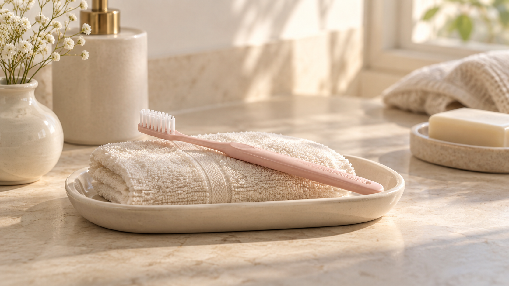 Soft manual toothbrush on a porcelain dish beside a light towel