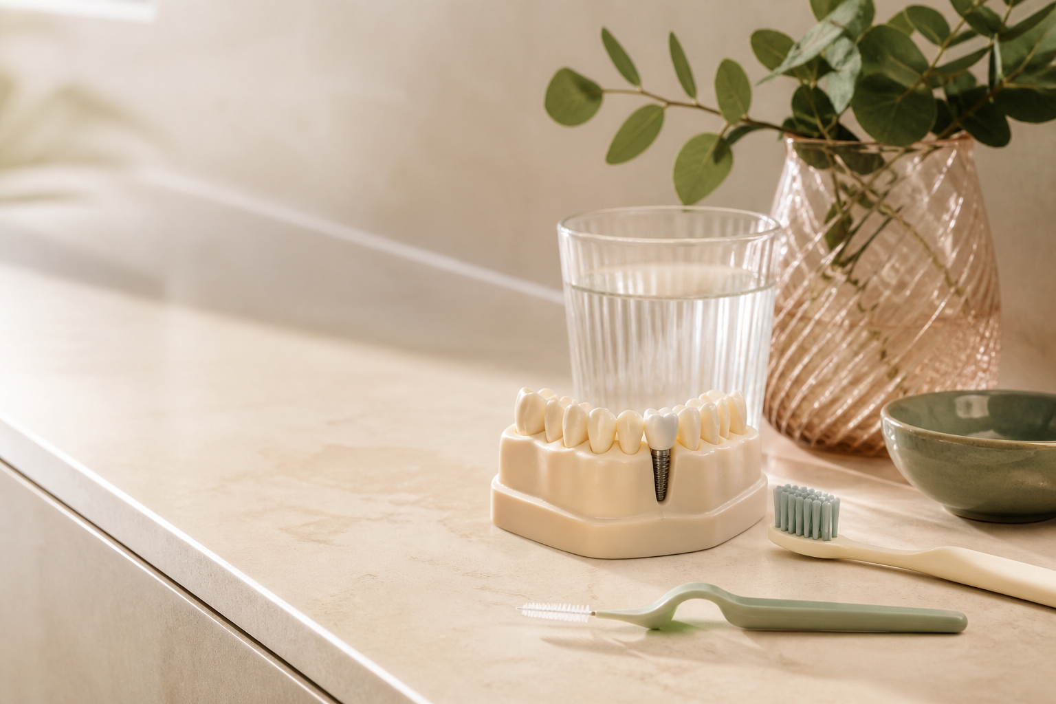 Dental implant model with a toothbrush and interdental brush